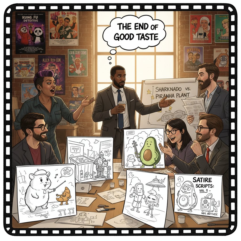 Hopeful, forward-looking shot of diverse filmmakers brainstorming with storyboards filled with satirical concepts; vibrant, collaborative mood