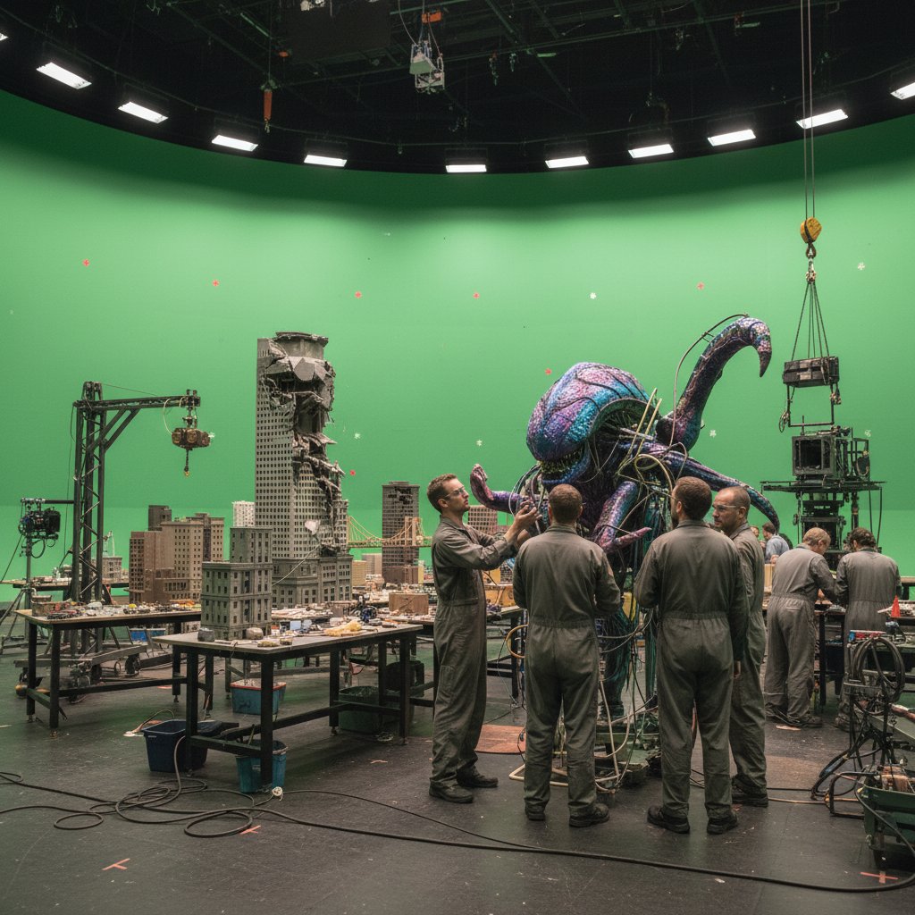 Filmmakers building practical alien effects, behind-the-scenes shot with miniature city models, green screens, crew at work