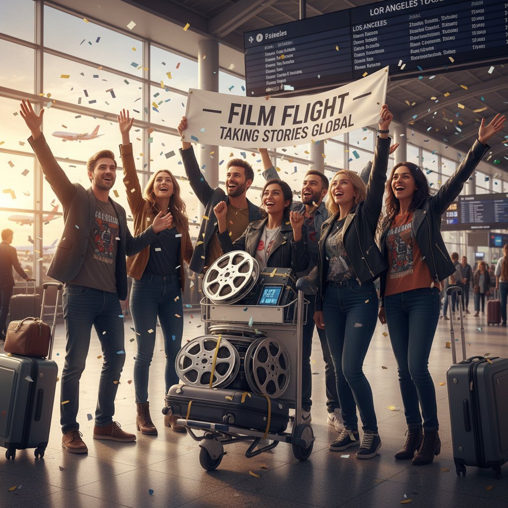Filmmakers celebrating at international airport with film reels, hopeful, diverse, 16:9