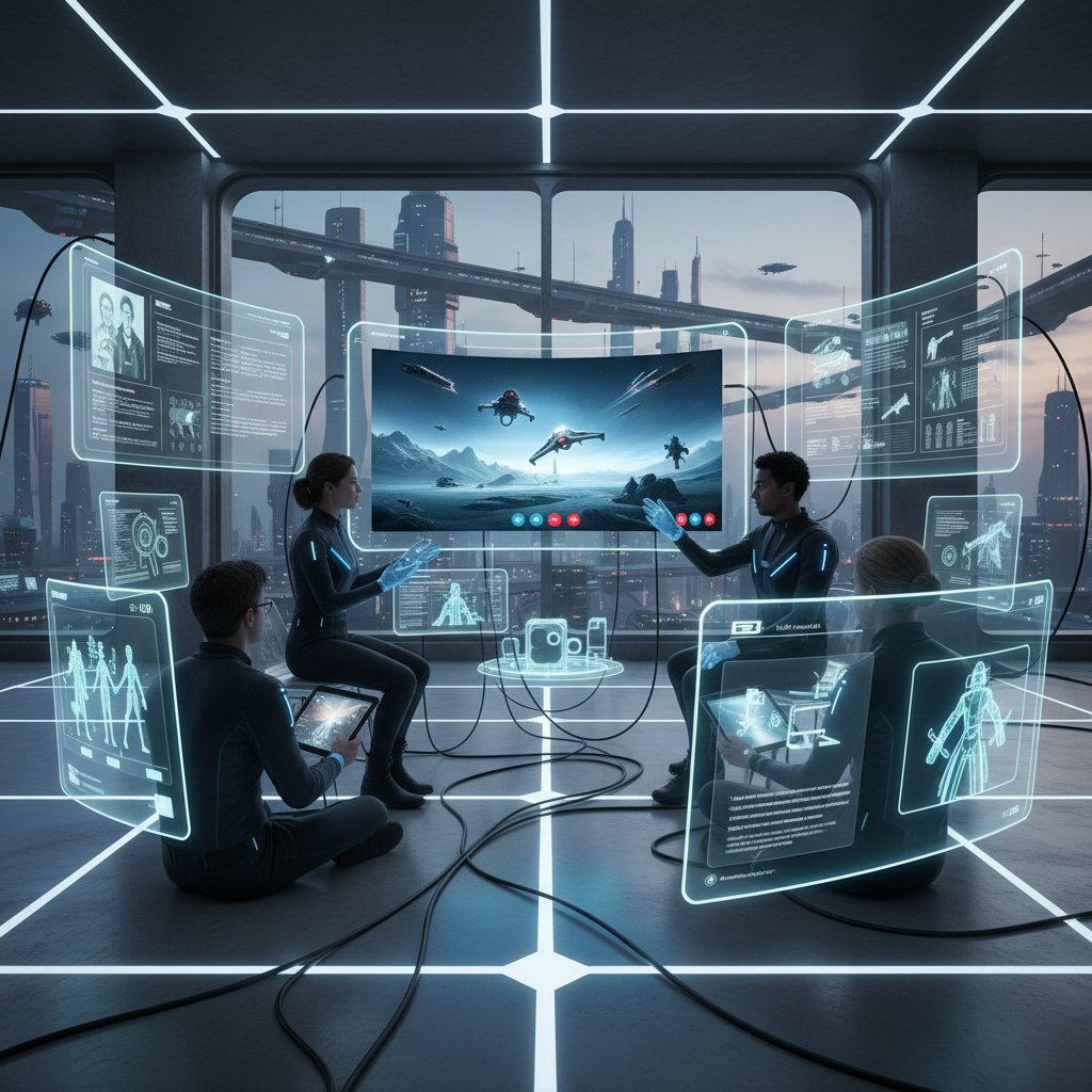 Filmmakers collaborating over video call, digital screens, futuristic workspace, energetic teamwork