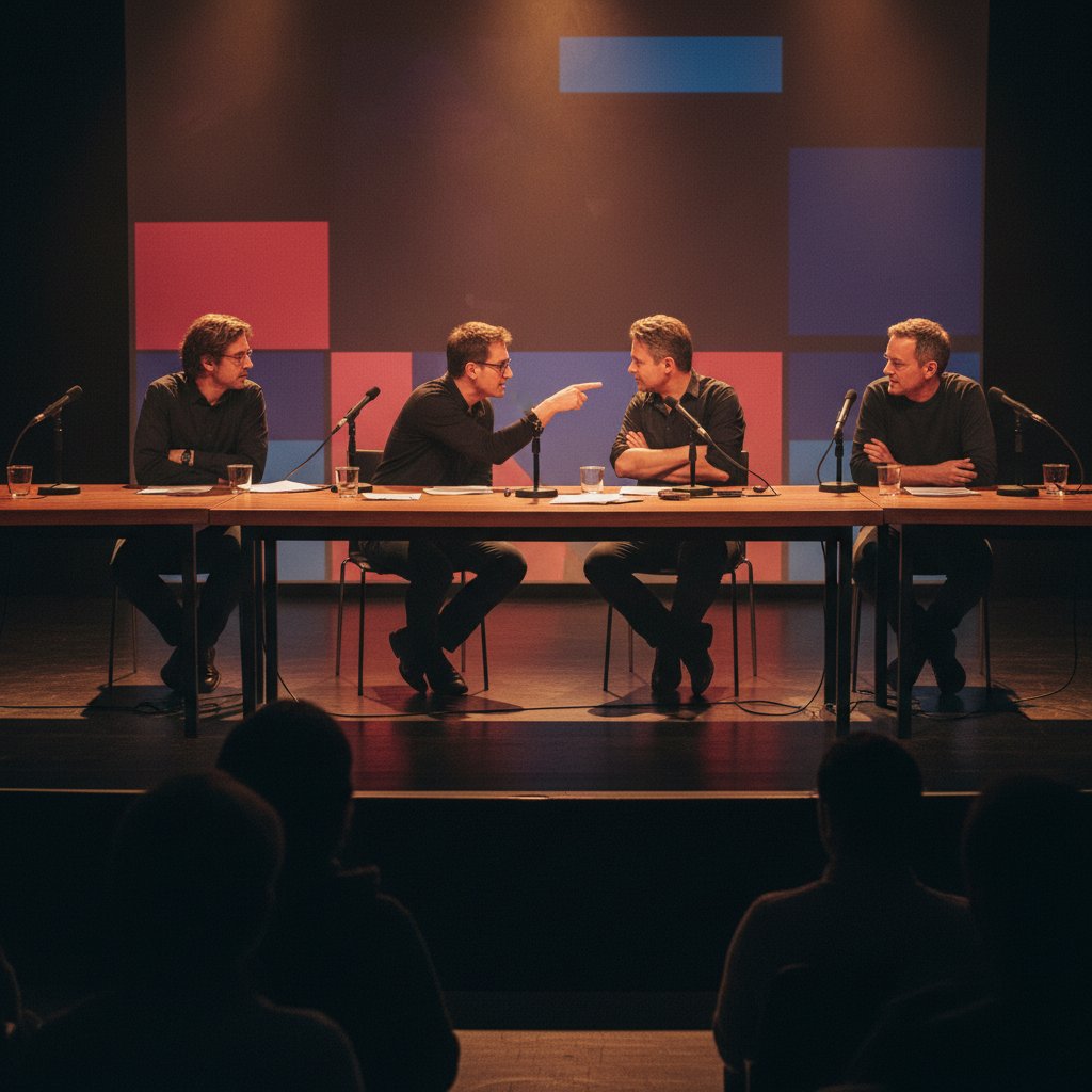 Panel discussion of filmmakers in heated debate, dramatic lighting, representing controversies in queer cinema