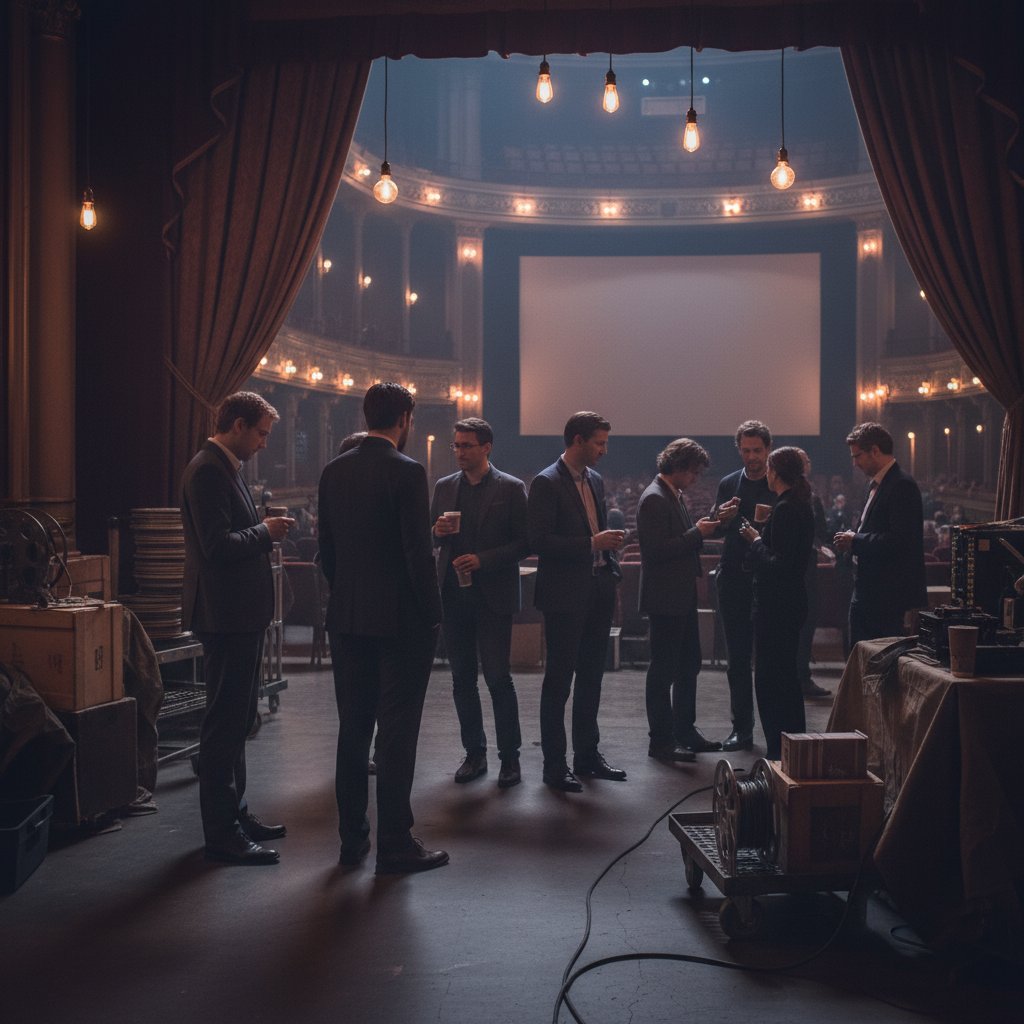 Filmmakers waiting backstage at a film festival, their faces tense, the mood intimate and focused, highlighting the gatekeeping power of festivals