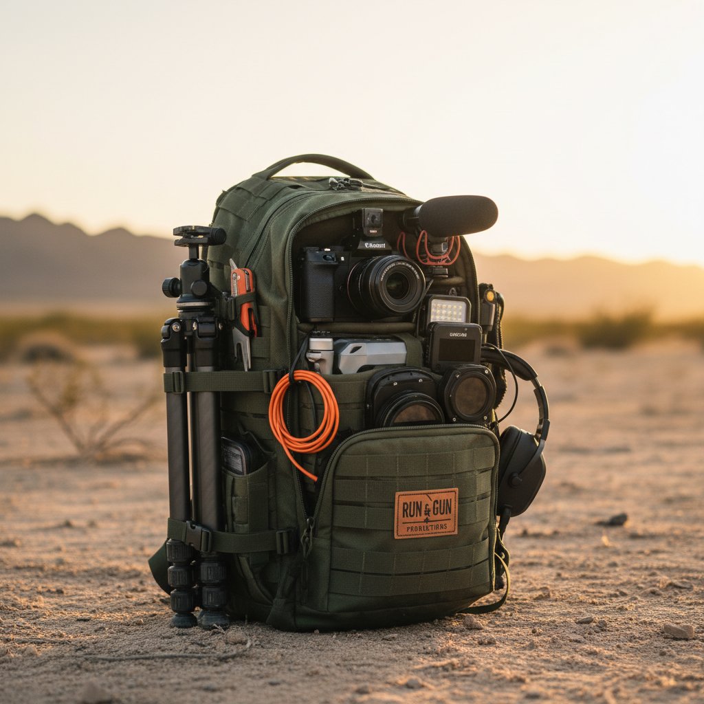 Backpack open with essential guerrilla filmmaking gear: camera, mic, batteries, and compact tripod