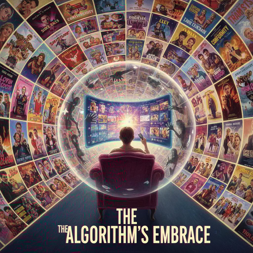 Filter bubble in movie recommendations, surreal, person inside bubble made of movie posters, customized movie lists