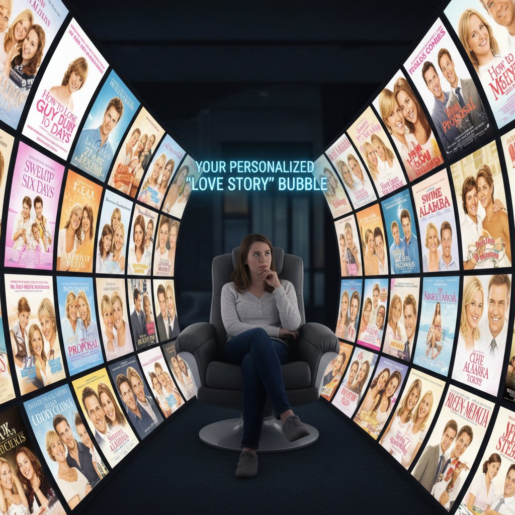 Person looking at a wall of screens all showing similar movies, symbolizing the filter bubble effect in movie recommendations