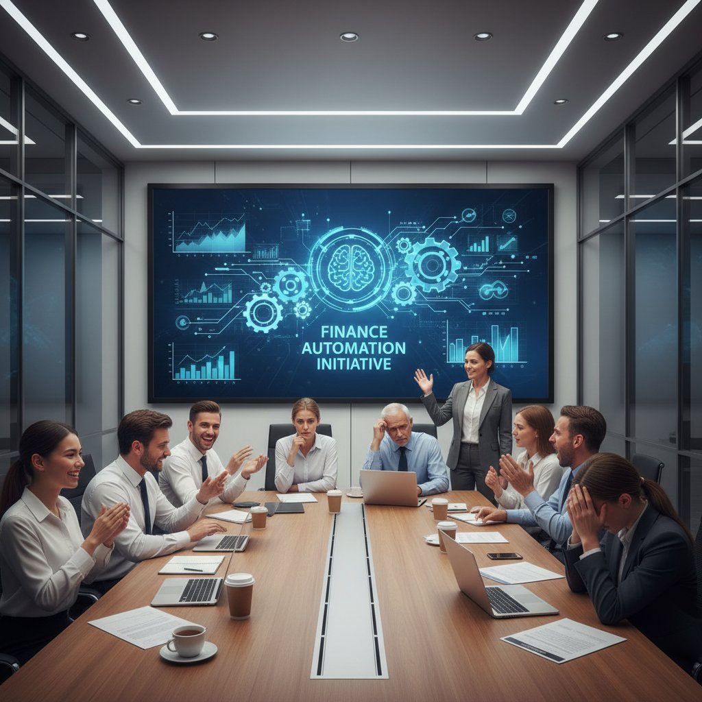 Zespół wdrażający automatyzację w bankowości, z mieszanymi emocjami na twarzach