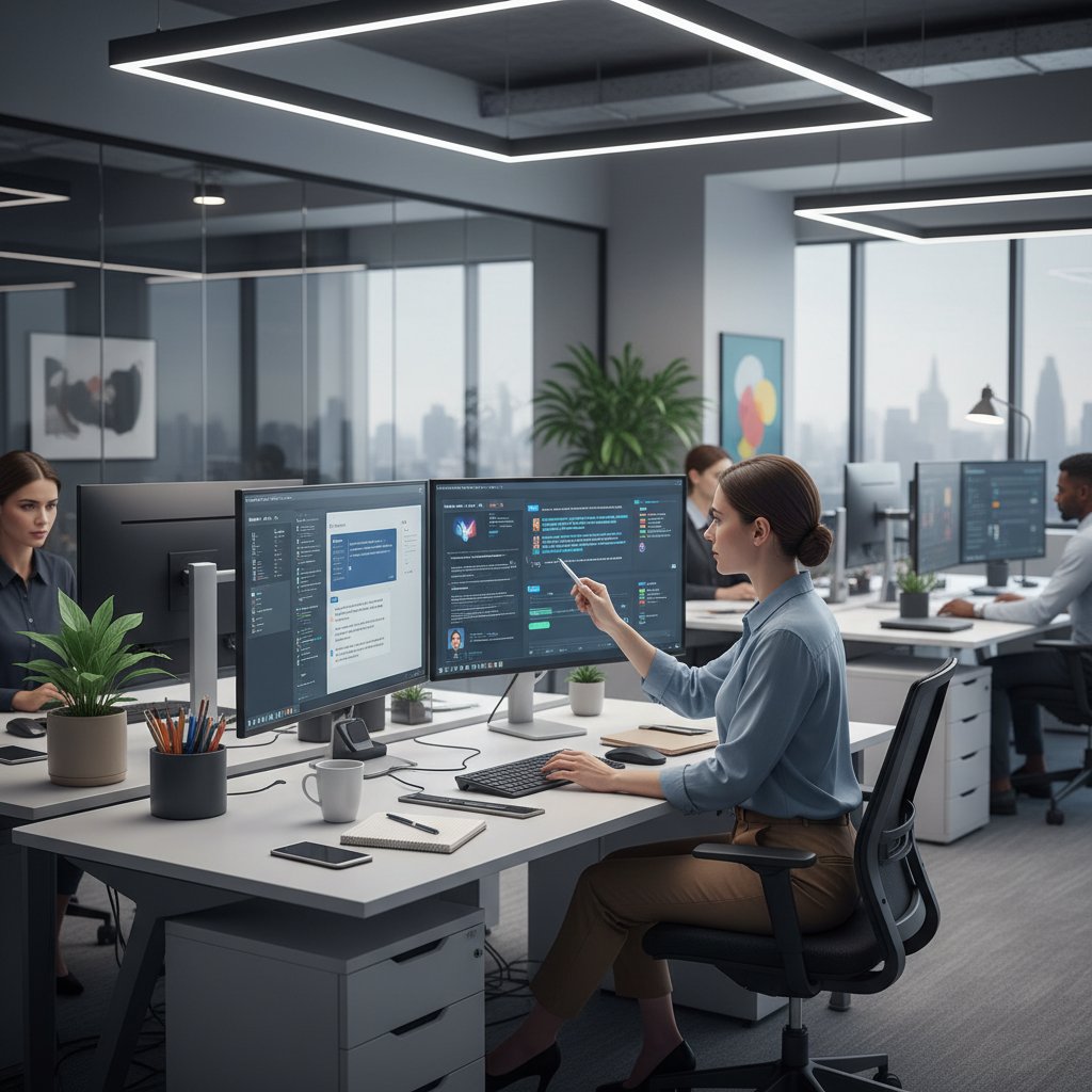 Pracownik działu finansowego analizujący interakcje z chatbotem AI