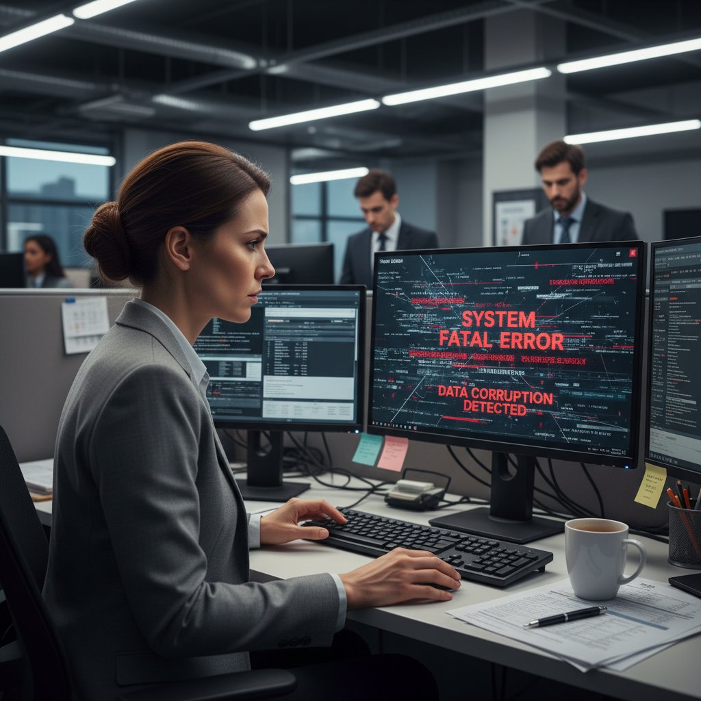 Pracownik działu finansów w stresie patrzy na ekran z błędami systemu podatkowego