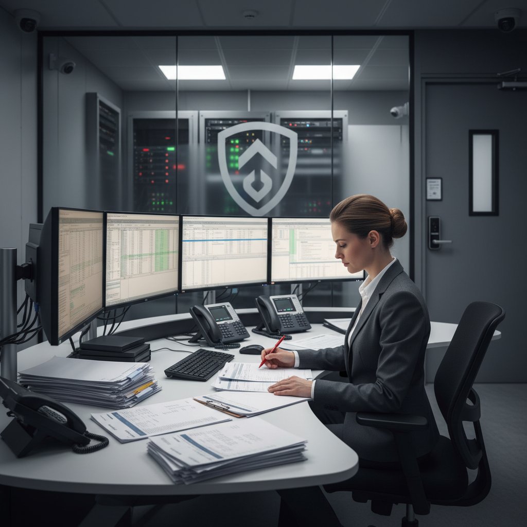 Finance professional cross-checking transactions by hand in a high-security office, intent and focused