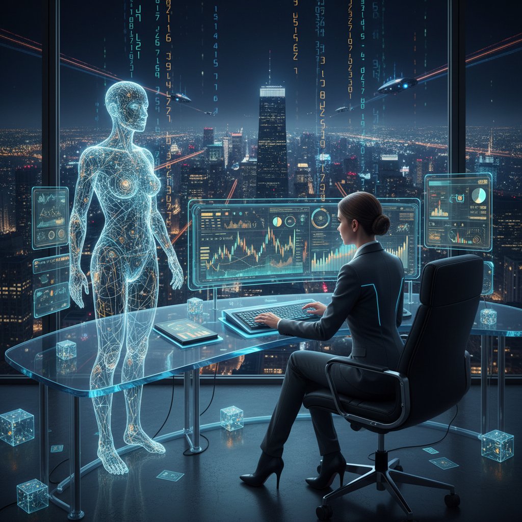 Financial analyst working with AI assistant, futuristic interface, teamwork vibe, city lights at night