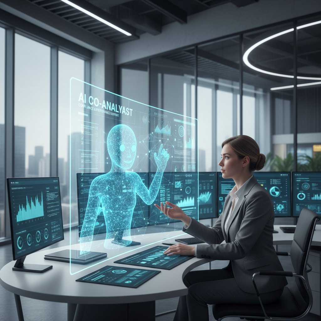 Financial analyst using AI coworker, reviewing compliance tasks in a modern office, performance support theme