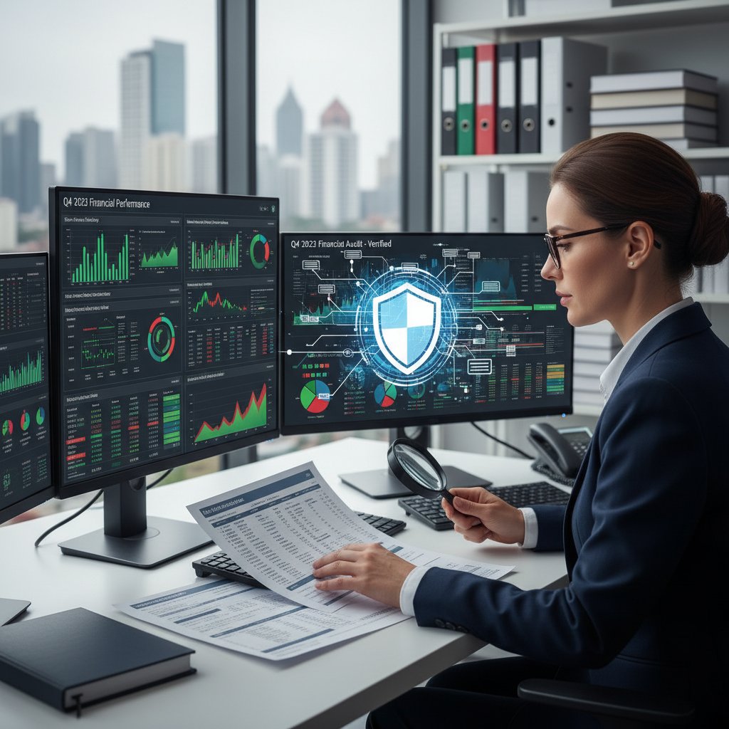 Financial analyst reviewing data context for accuracy, close-up on documents and digital graphs