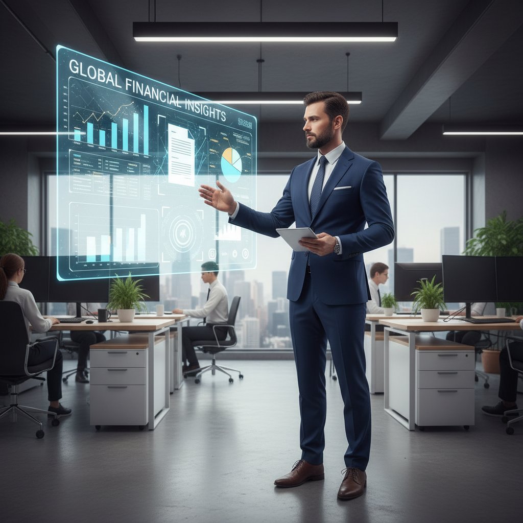 Financial analyst reviewing digital reports, intelligent document recognition, modern banking office