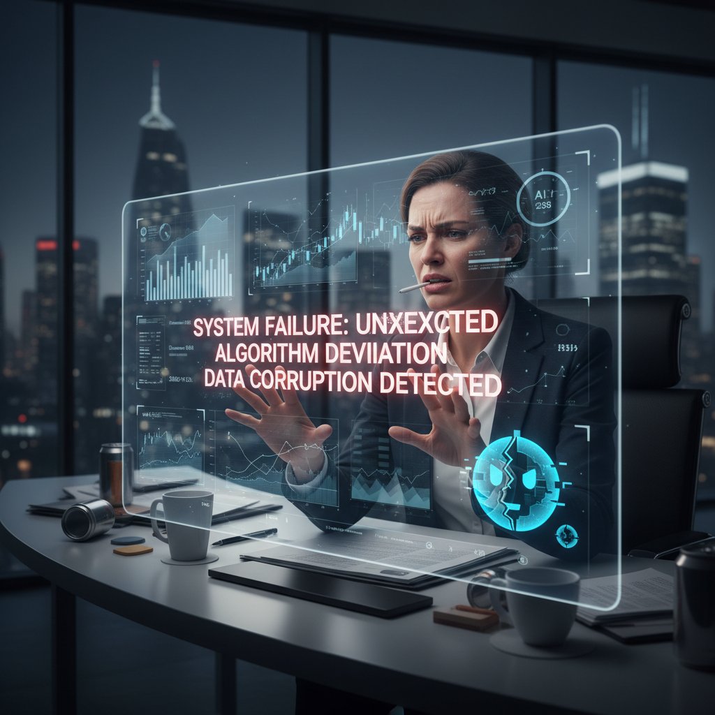 Financial analyst staring at error message on AI dashboard, frustrated expression, warning signs on screen