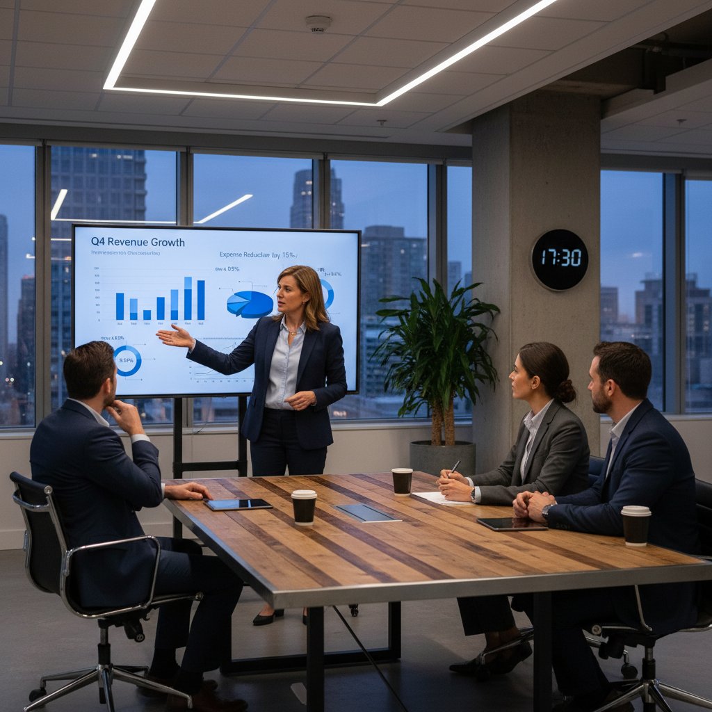 Financial coordinator sharing success metrics with executives, diverse leadership team, modern office