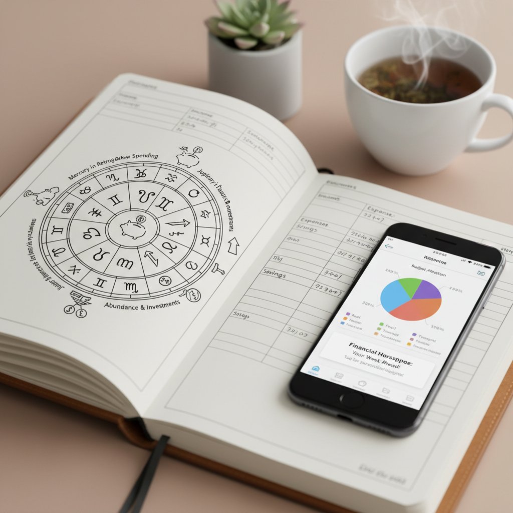 Horoskop finansowy na ekranie telefonu obok notatnika z planem budżetu