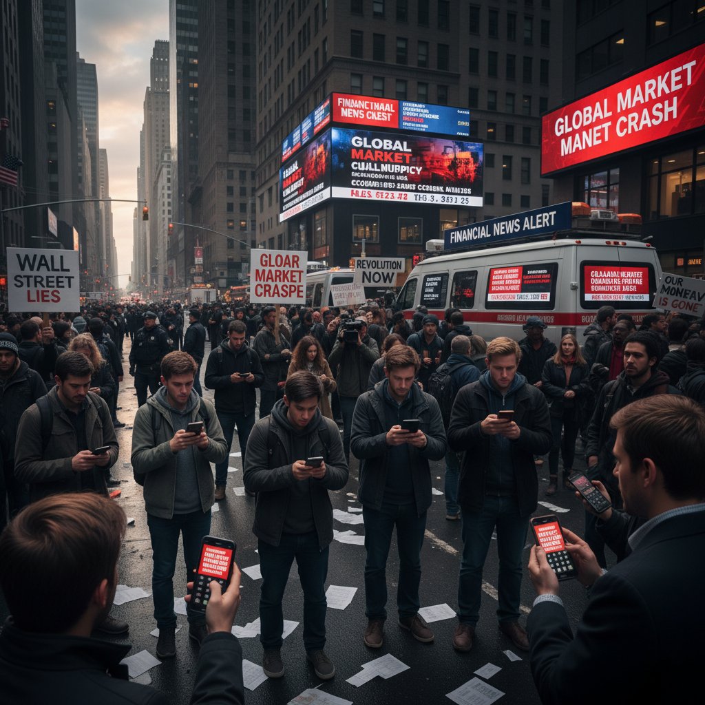 Crowd of protesters reacting to breaking economic news on city streets, mobile phones in hand