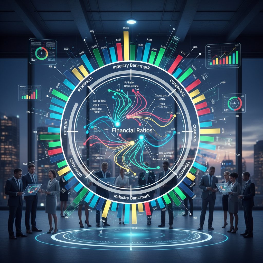Colorful bar chart showing financial ratios for different companies, illustrating benchmarks for evaluating financial reports