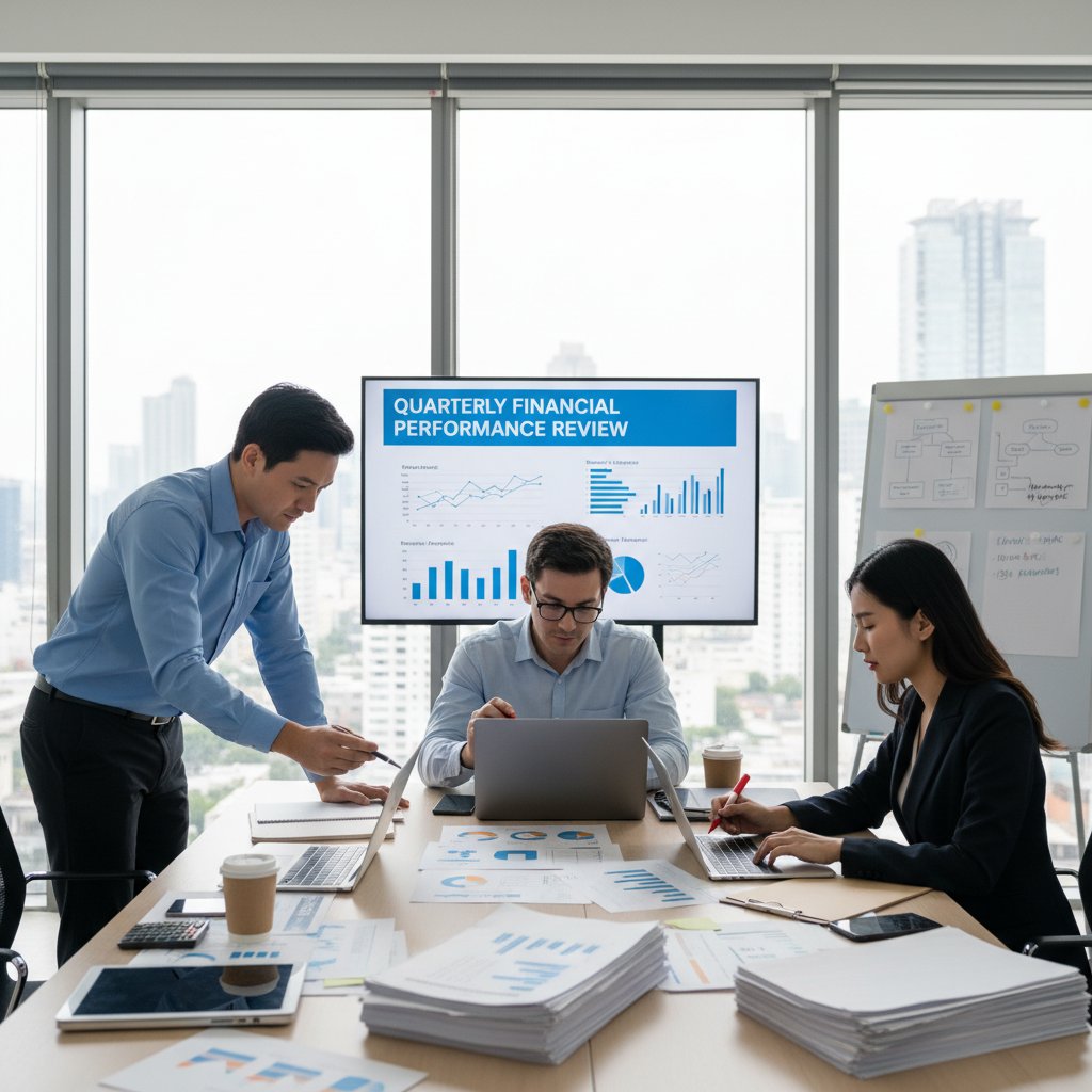 Team reviewing checklist for financial report accuracy in modern office