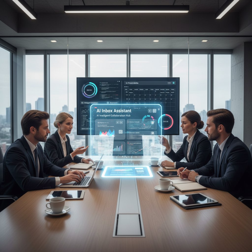 Enterprise financial team reviewing AI inbox assistant dashboard, modern meeting room, digital collaboration
