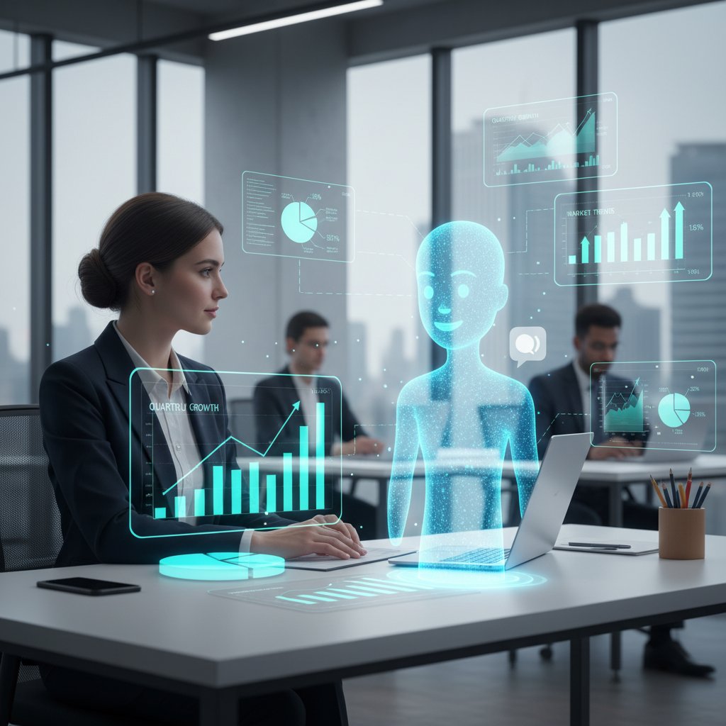 Pracownik działu finansowego analizuje wyniki wdrożenia chatbota AI, ekran z wykresami efektywności