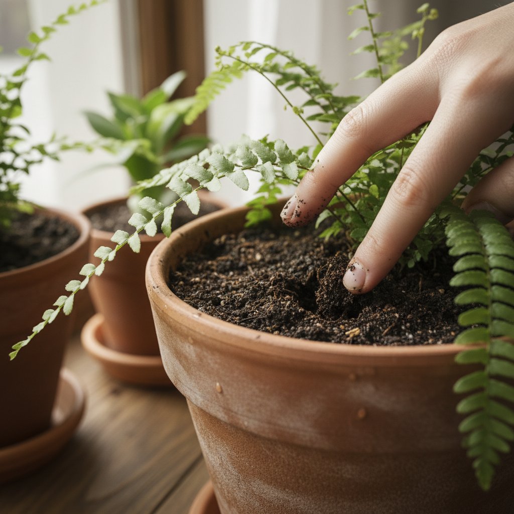 Zdjęcie dłoni wkładającej palec do ziemi w doniczce, testowanie wilgotności