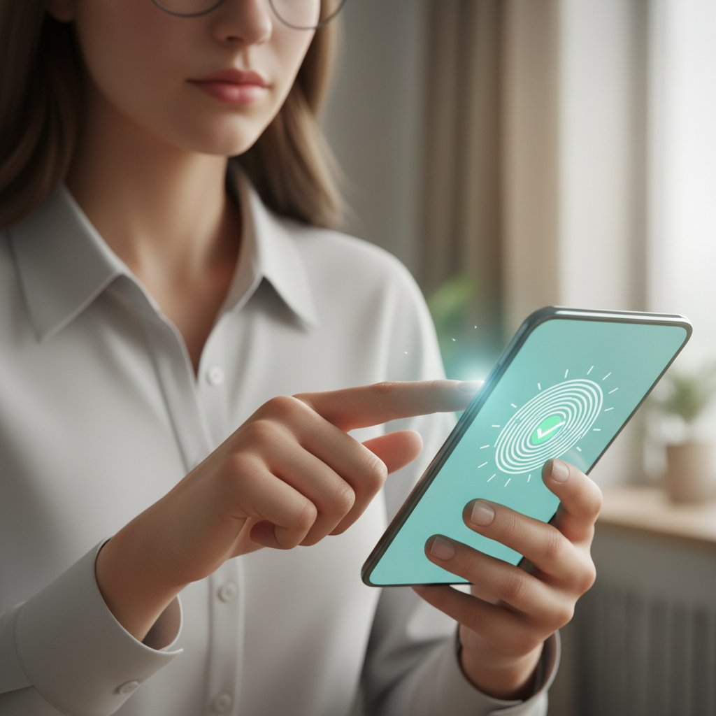 Kobieta logująca się odciskiem palca do smartfona, biometria w codziennym życiu