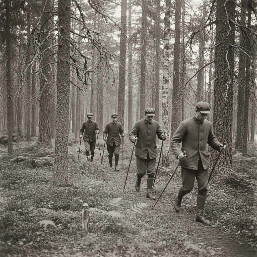 Fińscy sportowcy trenujący z kijkami nordic walking na tle lasu