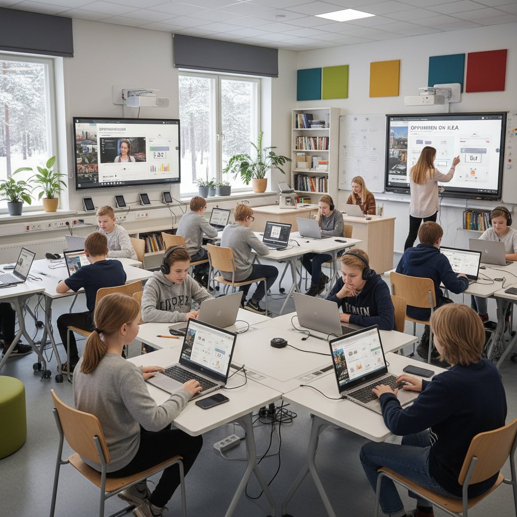 Finnisches Klassenzimmer mit moderner digitaler Ausstattung und motivierten Schülern