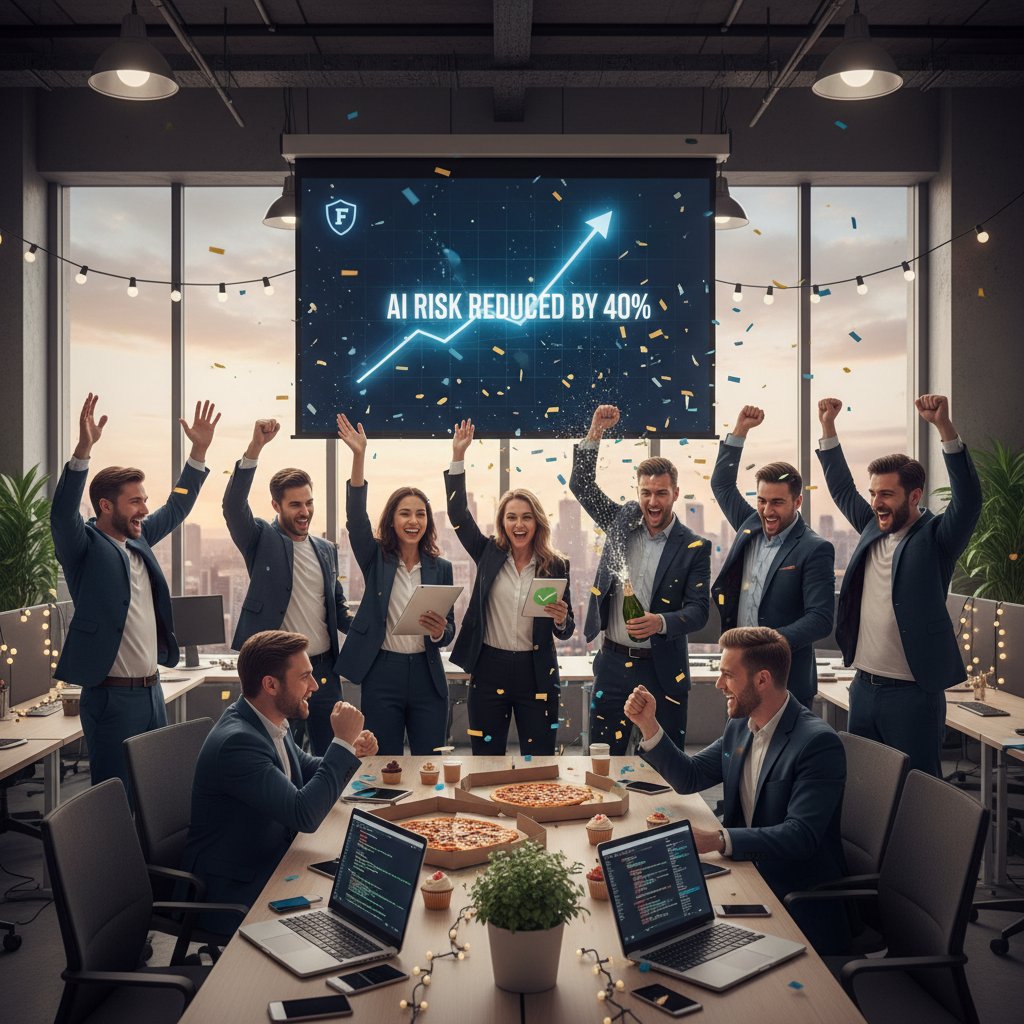 Zespół fintechu świętujący sukces wdrożenia AI w zarządzaniu ryzykiem operacyjnym