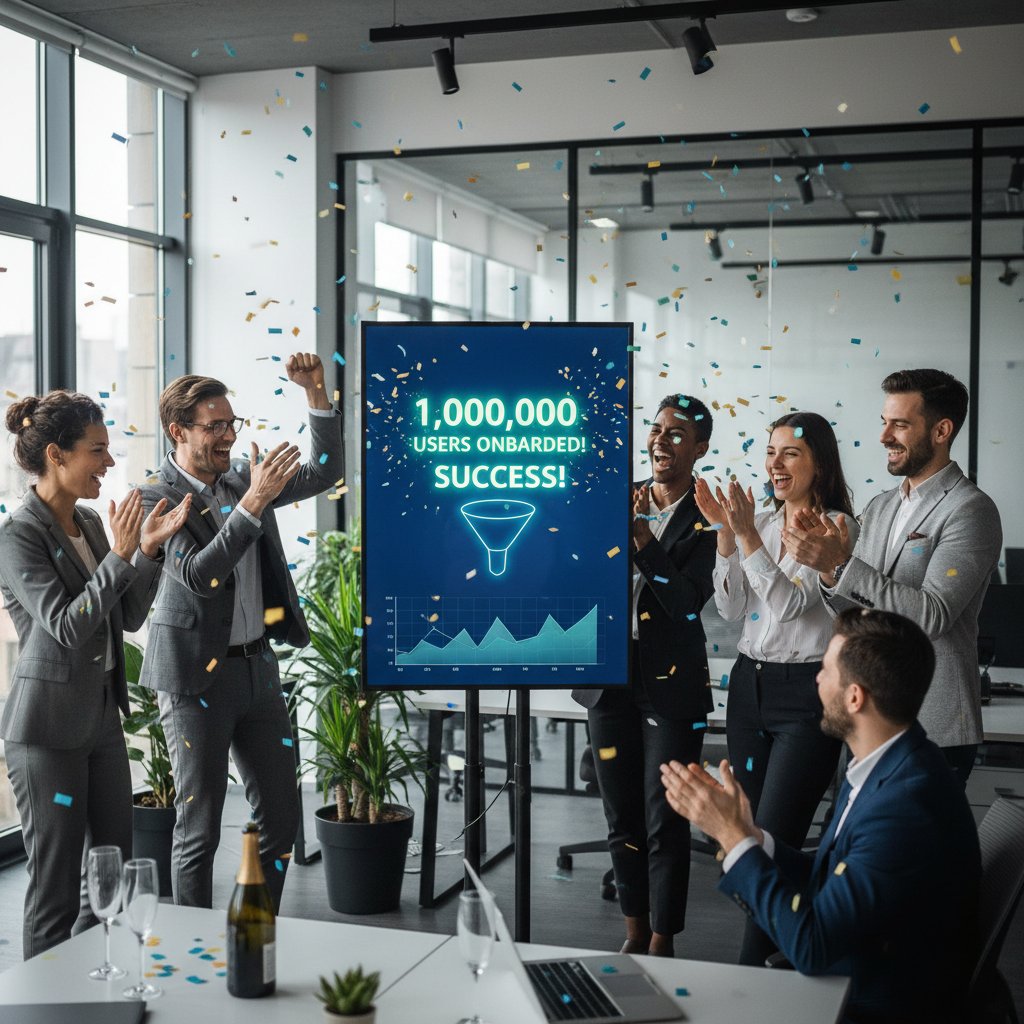 A diverse team celebrating around a digital onboarding dashboard, symbolizing success with document creators