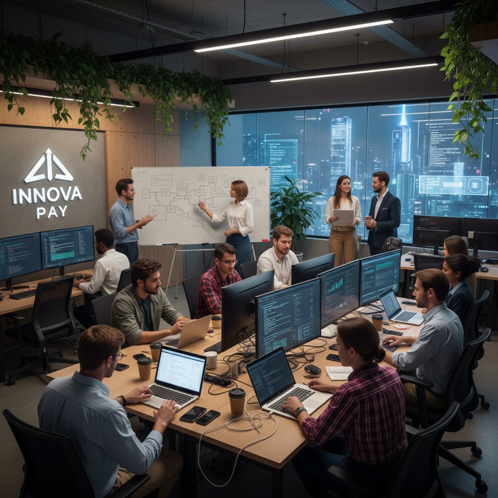 Zespół fintech analizujący wykresy na ekranach, retail pracownicy przy półkach i NGO w biurze, dynamiczna scena