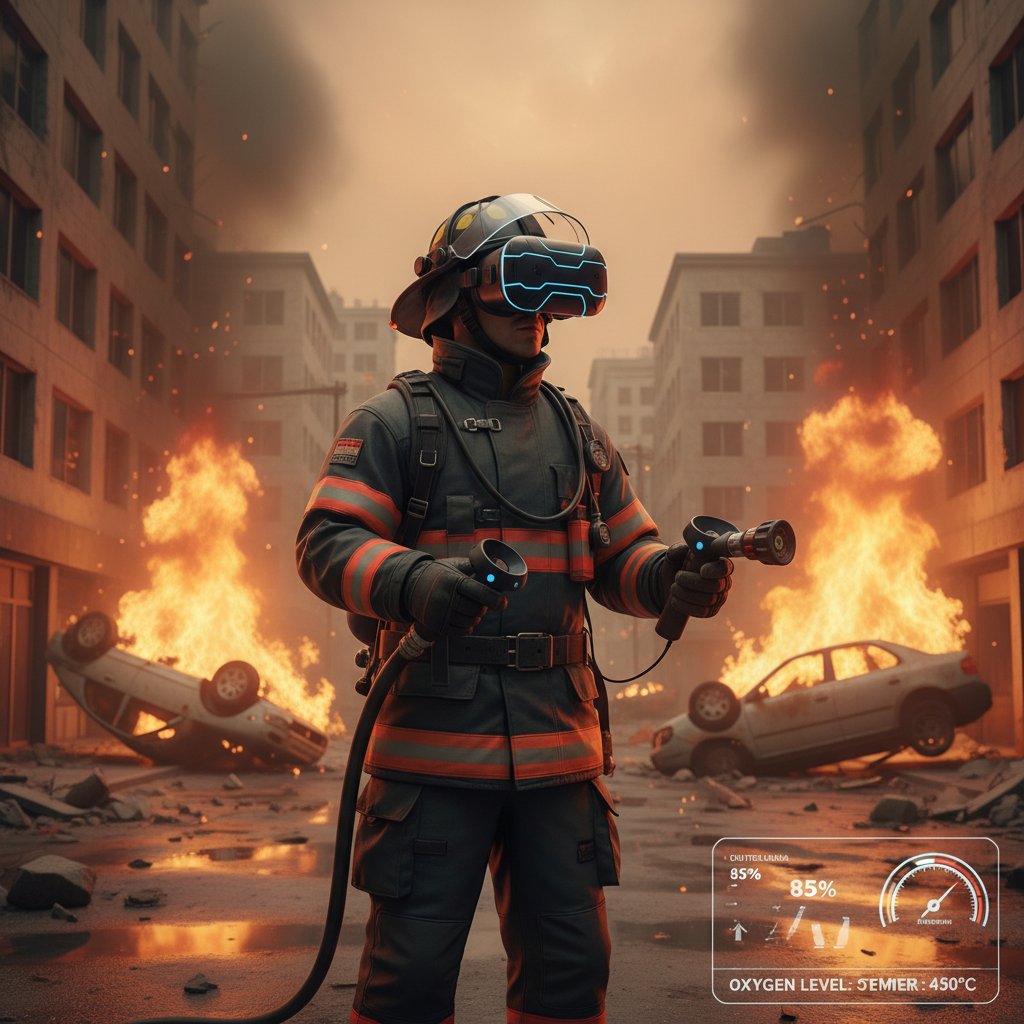 Strażak w akcji podczas realistycznej symulacji pożaru z użyciem VR