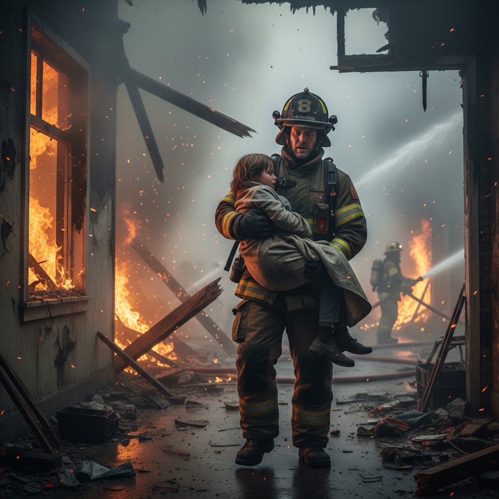 Strażak w trakcie akcji, intensywne skupienie i napięcie – obraz reakcji ucieczki w sytuacji realnego zagrożenia