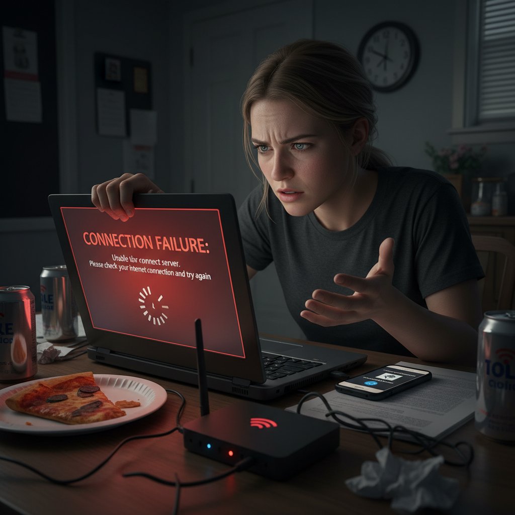 Zestresowany kandydat do PSP przed komputerem, awaria połączenia w trakcie egzaminu