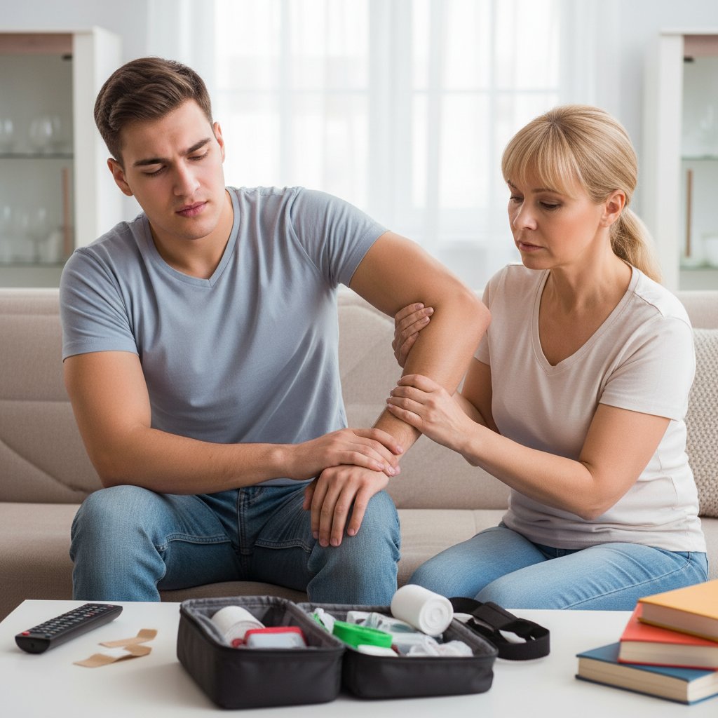 Realistyczna scena udzielania pierwszej pomocy przy zwichnięciu w domu