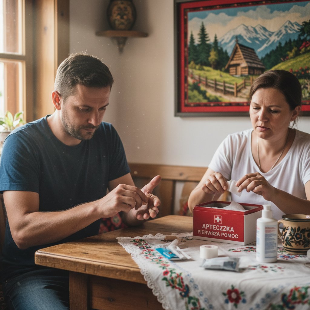 Osoba udzielająca pierwszej pomocy przy skaleczeniu dłoni, realistyczna scena domowa
