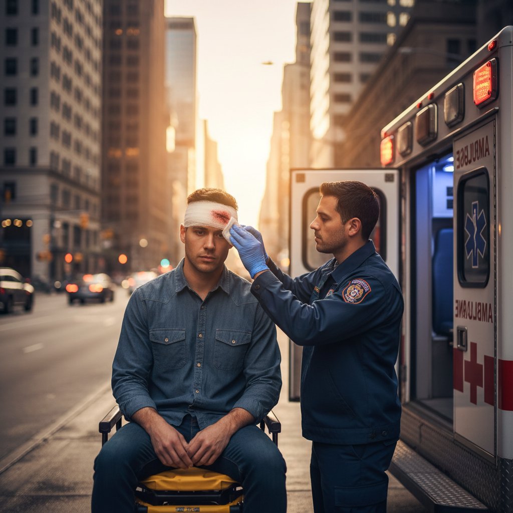 Zdjęcie osoby udzielającej pomocy poszkodowanemu z urazem głowy w miejskiej przestrzeni, karetka w tle