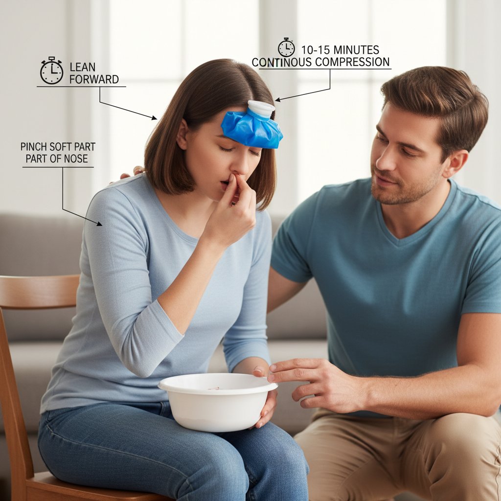 Osoba siedzi pochylona do przodu, uciska skrzydełka nosa, instrukcja pierwszej pomocy przy krwawieniu z nosa