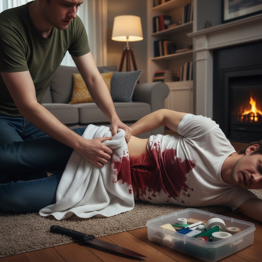 Pierwsza pomoc przy ranie kłutej – scena domowa, zestaw ratunkowy, opatrunek