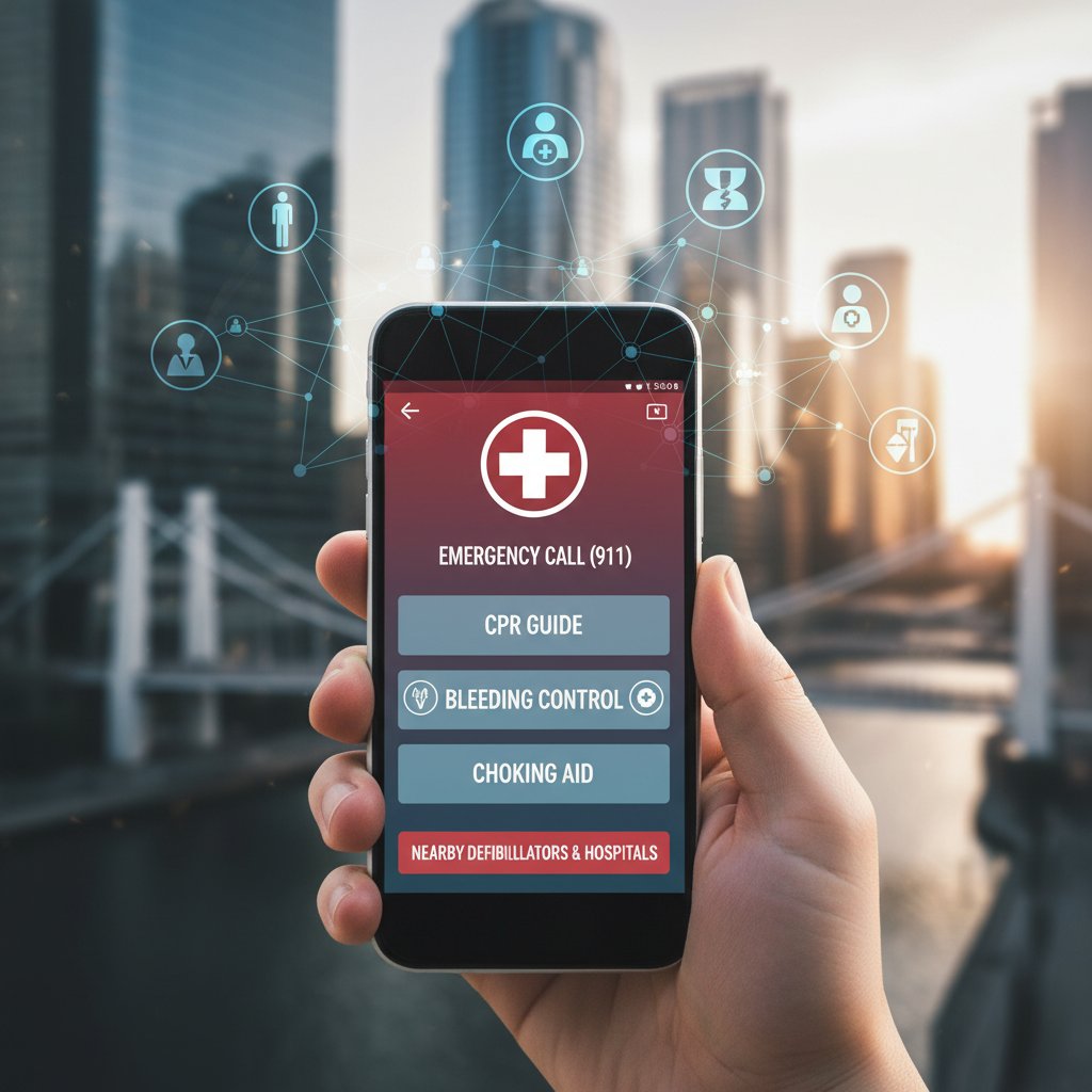 Osoba korzystająca z aplikacji pierwszej pomocy na smartfonie w miejskim otoczeniu – wsparcie technologiczne