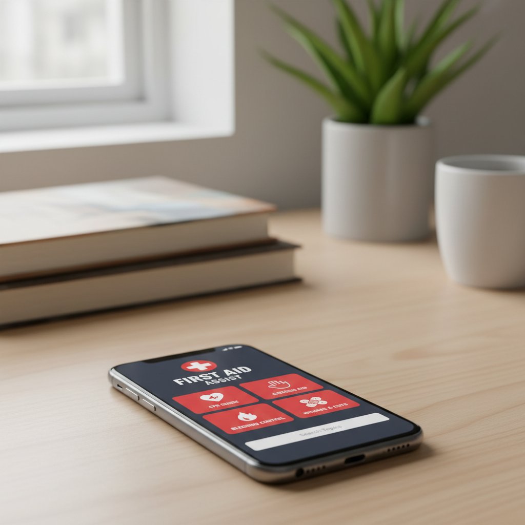 Osoba korzysta z aplikacji pierwszej pomocy na telefonie, domowe biurko