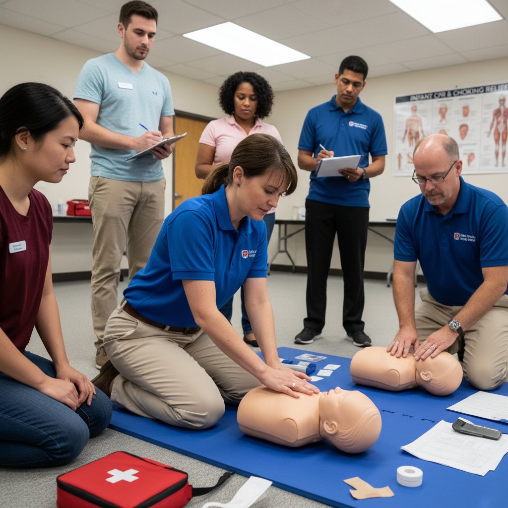Instruktor pokazuje uciskanie klatki piersiowej niemowlęcia na manekinie w trakcie kursu pierwszej pomocy