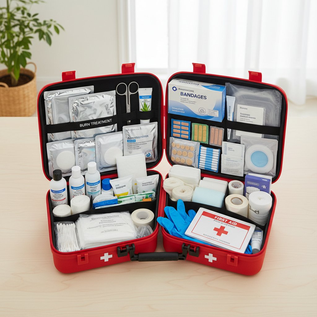 Apteczka domowa z opatrunkami i środkami do leczenia oparzeń