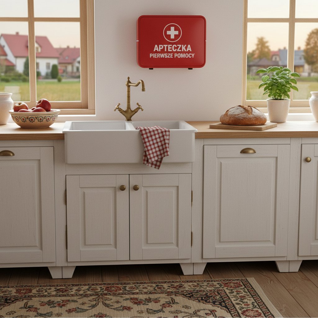 Apteczka pierwszej pomocy w polskim domu, porządek, kuchenny stół