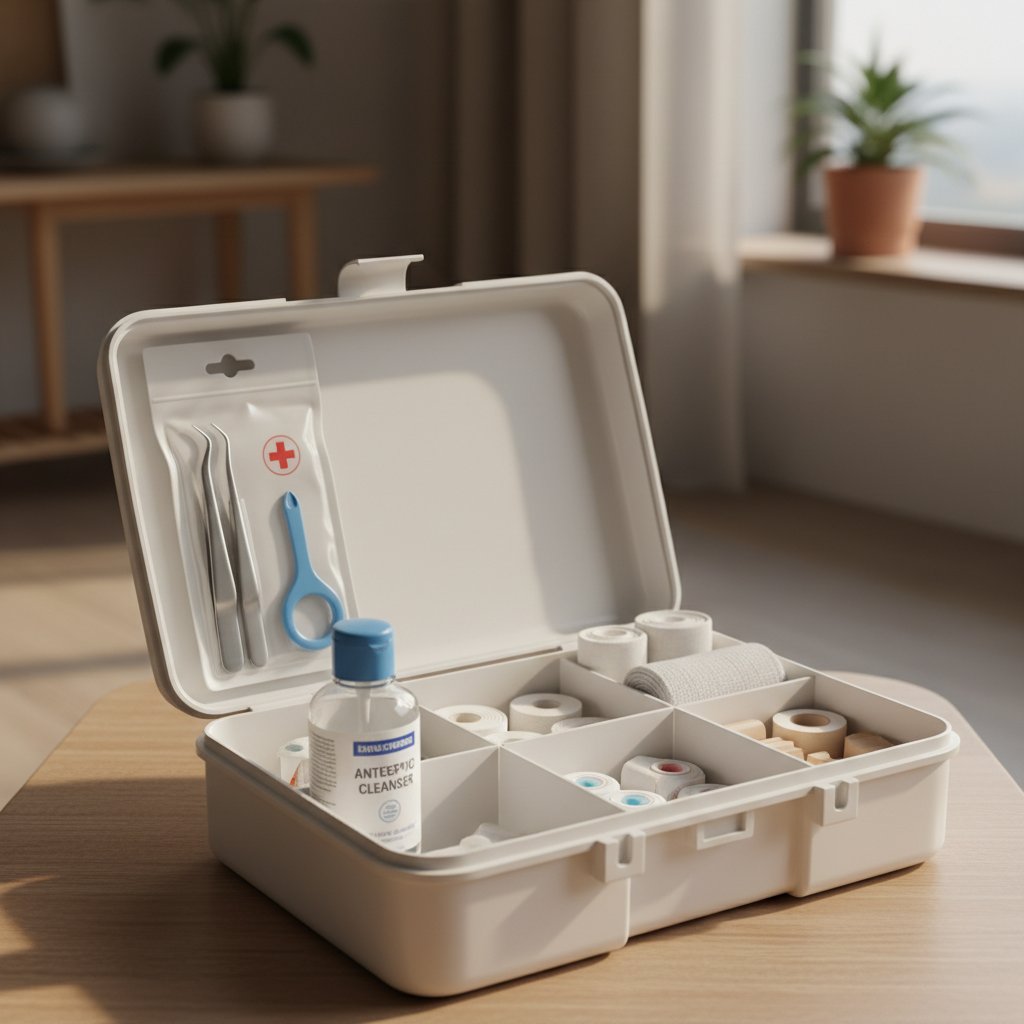 Zdjęcie podręcznej apteczki z akcesoriami do usuwania kleszczy i środkami do dezynfekcji – organizacja, domowe światło