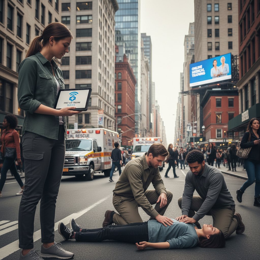 Uczestnik kursu online udzielający pierwszej pomocy w realnej sytuacji na ulicy