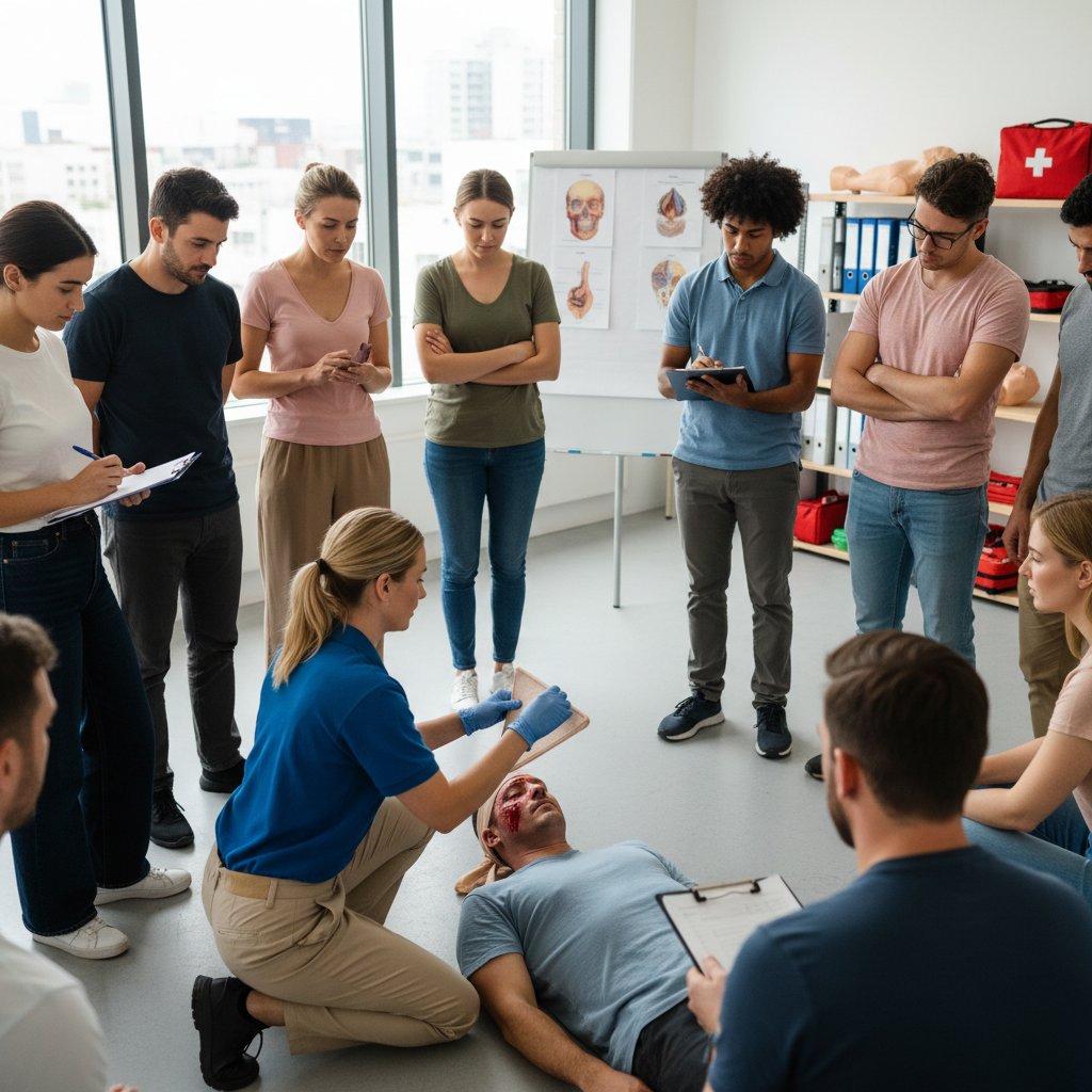 Zdjęcie szkolenia z pierwszej pomocy, instruktor pokazuje jak udzielać pomocy przy urazie głowy