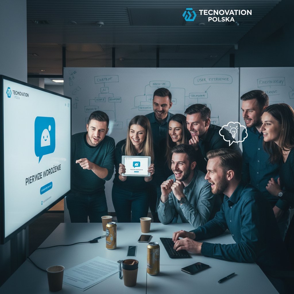 Pierwsze wdrożenie ChatGPT w małej polskiej firmie, zespół analizuje wyniki z ciekawością i zaangażowaniem