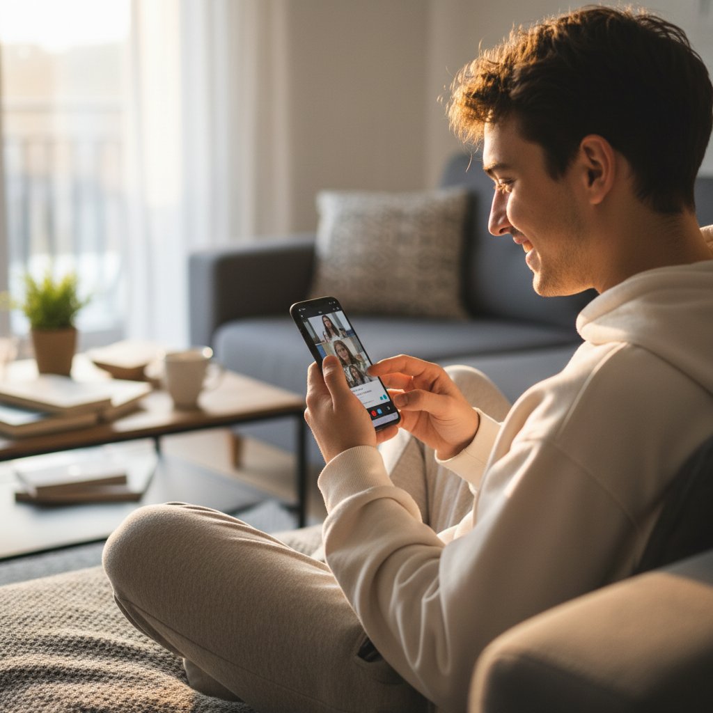 Młoda osoba z uśmiechem zaczynająca pierwszą rozmowę online przez smartfona